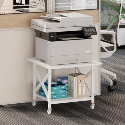 VEDECASA 2 Ebenen Druckerständer mit Rollen, Großer Druckertisch 60x60cm, Stabiler Druckerwagen mit Ablage und X-Rahmen für Büro und Home Office, Weiß, Passt Fuer Grosse Drucker, Leicht Beweglich,Weiß