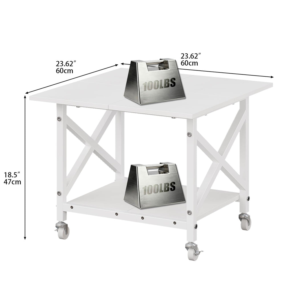 VEDECASA 2 Ebenen Druckerständer mit Rollen, Großer Druckertisch 60x60cm, Stabiler Druckerwagen mit Ablage und X-Rahmen für Büro und Home Office, Weiß, Passt Fuer Grosse Drucker, Leicht Beweglich,Weiß