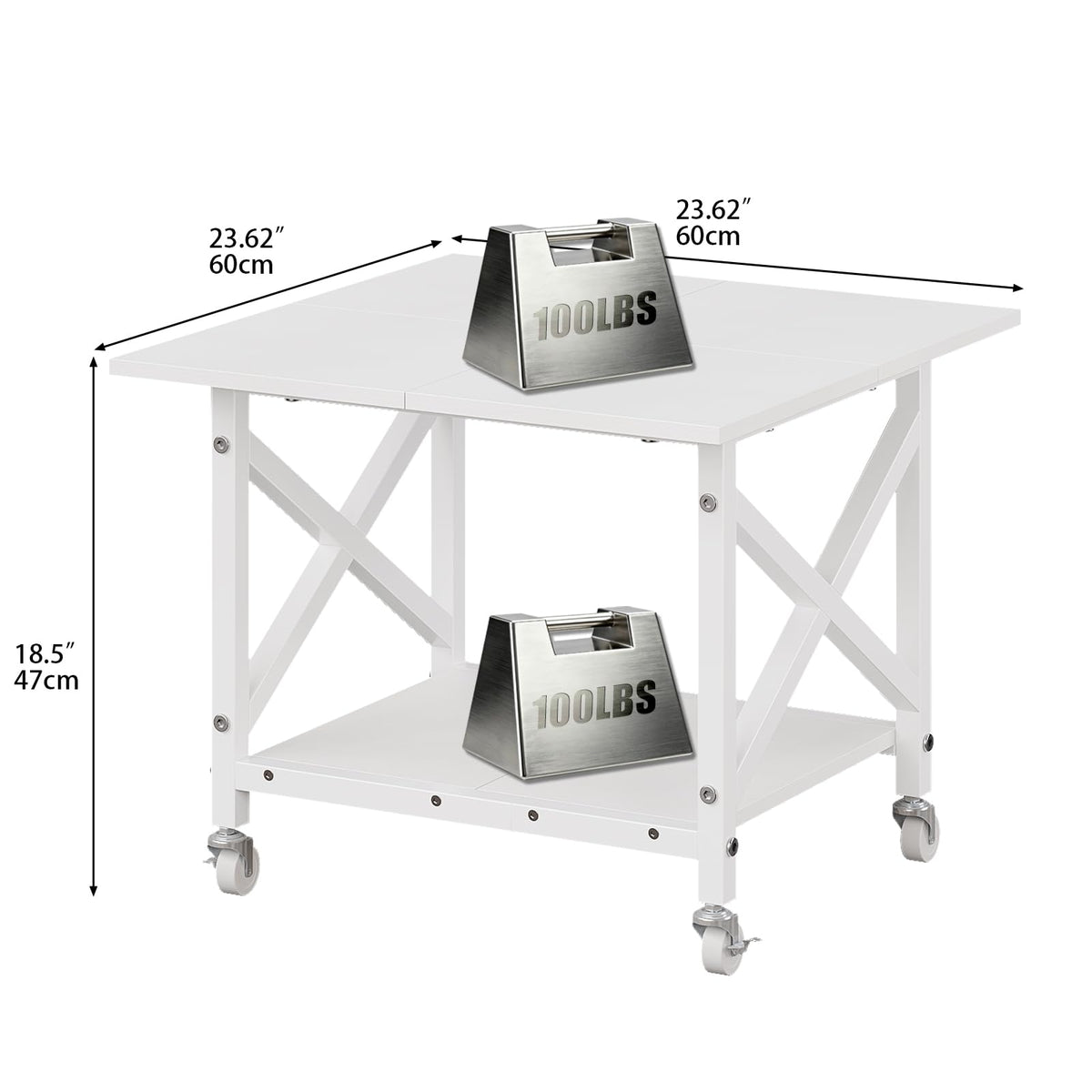 VEDECASA 2 Ebenen Druckerständer mit Rollen, Großer Druckertisch 60x60cm, Stabiler Druckerwagen mit Ablage und X-Rahmen für Büro und Home Office, Weiß, Passt Fuer Grosse Drucker, Leicht Beweglich,Weiß