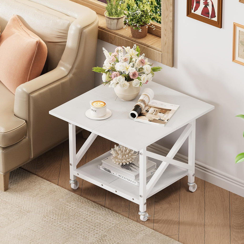 VEDECASA 2 Ebenen Druckerständer mit Rollen, Großer Druckertisch 60x60cm, Stabiler Druckerwagen mit Ablage und X-Rahmen für Büro und Home Office, Weiß, Passt Fuer Grosse Drucker, Leicht Beweglich,Weiß