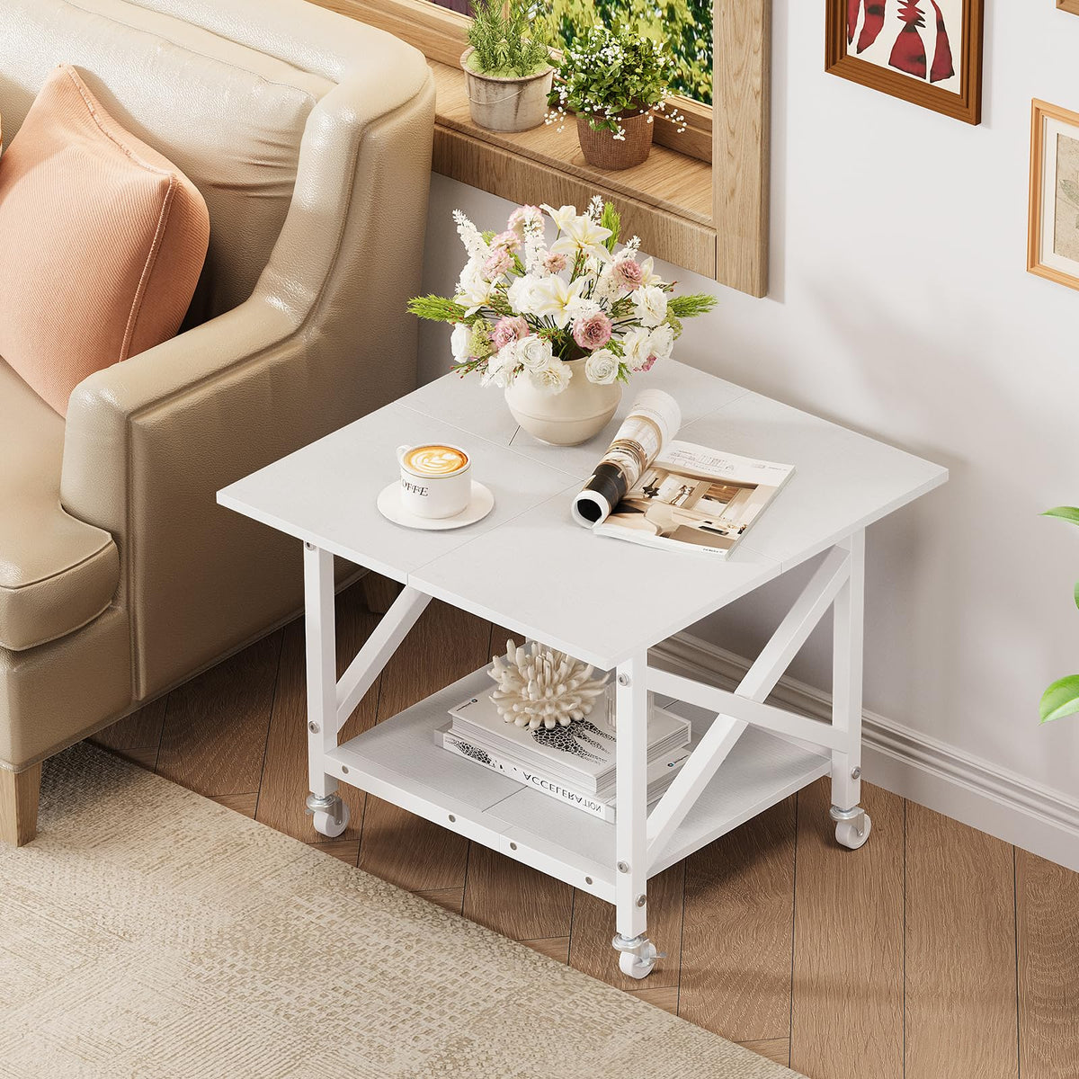 VEDECASA 2 Ebenen Druckerständer mit Rollen, Großer Druckertisch 60x60cm, Stabiler Druckerwagen mit Ablage und X-Rahmen für Büro und Home Office, Weiß, Passt Fuer Grosse Drucker, Leicht Beweglich,Weiß