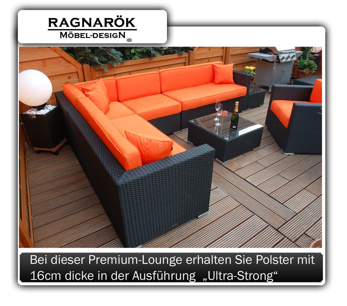 Ragnarök-Möbeldesign PolyRattan Lounge DEUTSCHE Marke - EIGNENE Produktion - 8 Jahre GARANTIE auf UV-Beständigkeit - Garten Möbel Glas Polster schwarz Gartenmöbel Aluminium Sessel Sofa Rostfrei