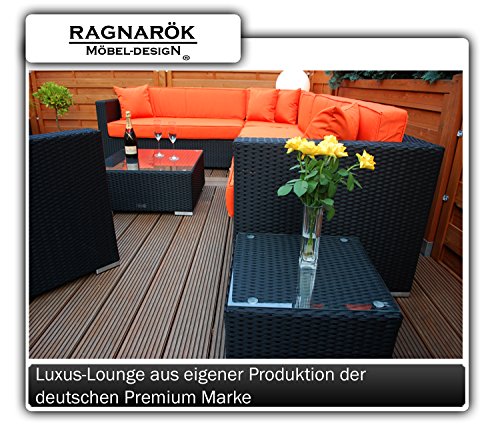 Ragnarök-Möbeldesign PolyRattan Lounge DEUTSCHE Marke - EIGNENE Produktion - 8 Jahre GARANTIE auf UV-Beständigkeit - Garten Möbel Glas Polster schwarz Gartenmöbel Aluminium Sessel Sofa Rostfrei