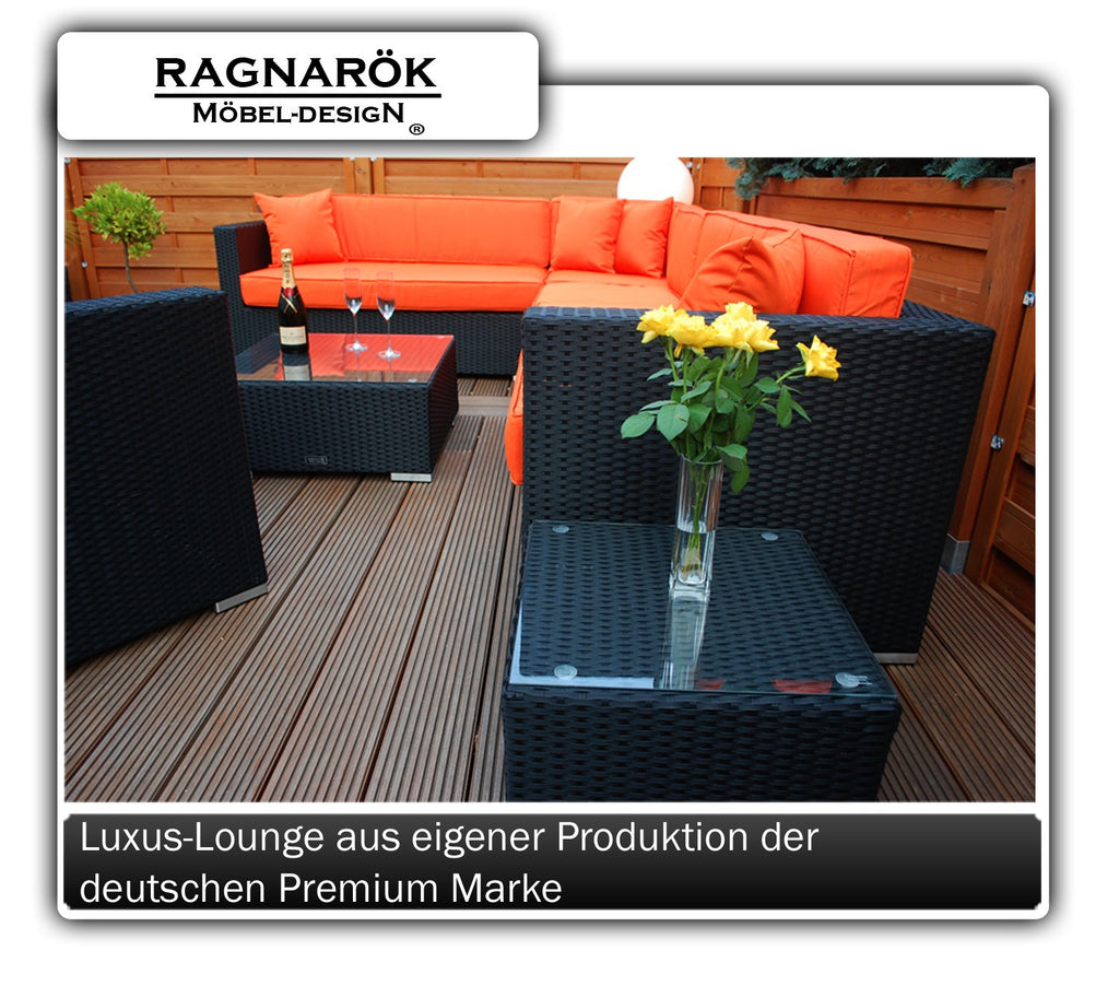 Ragnarök-Möbeldesign PolyRattan Lounge DEUTSCHE Marke - EIGNENE Produktion - 8 Jahre GARANTIE auf UV-Beständigkeit - Garten Möbel Glas Polster schwarz Gartenmöbel Aluminium Sessel Sofa Rostfrei