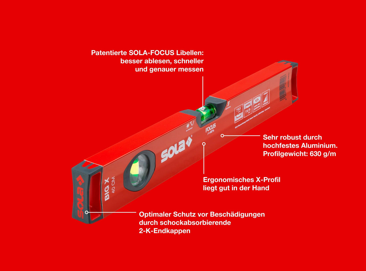 SOLA BIGX 40 - Wasserwage 40 cm - patentierte SOLA-FOCUS Libelle - mit schockabsorbierenden Endkappen