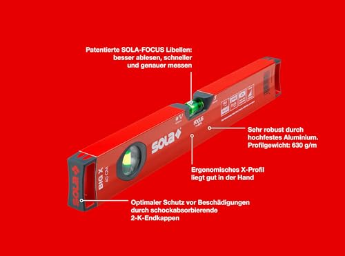 SOLA BIGX 40 - Wasserwage 40 cm - patentierte SOLA-FOCUS Libelle - mit schockabsorbierenden Endkappen