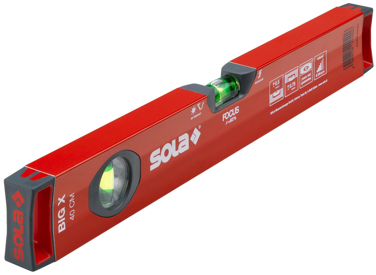 SOLA BIGX 40 - Wasserwage 40 cm - patentierte SOLA-FOCUS Libelle - mit schockabsorbierenden Endkappen