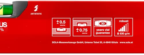 SOLA BIGX 40 - Wasserwage 40 cm - patentierte SOLA-FOCUS Libelle - mit schockabsorbierenden Endkappen