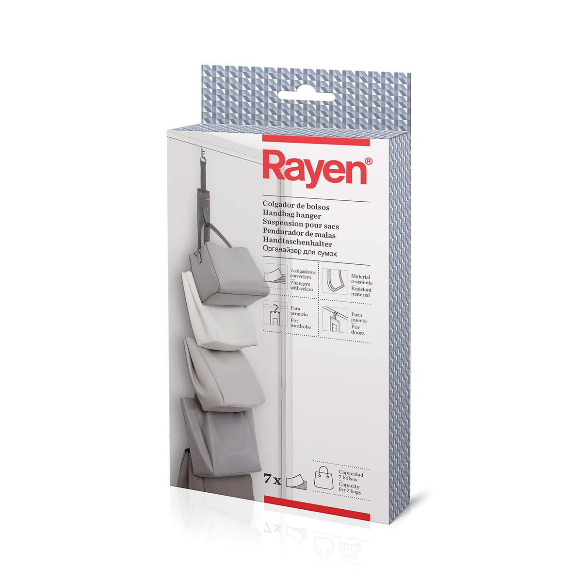 Rayen | Premium Handtaschenhalter | Platzsparend | Für Türen und Schränke | 7 Aufhänger mit Klettverschluss | Strapazierfähiges Material | Inklusive Bügel und Aufhänger | Maße: 95x7.5 cm