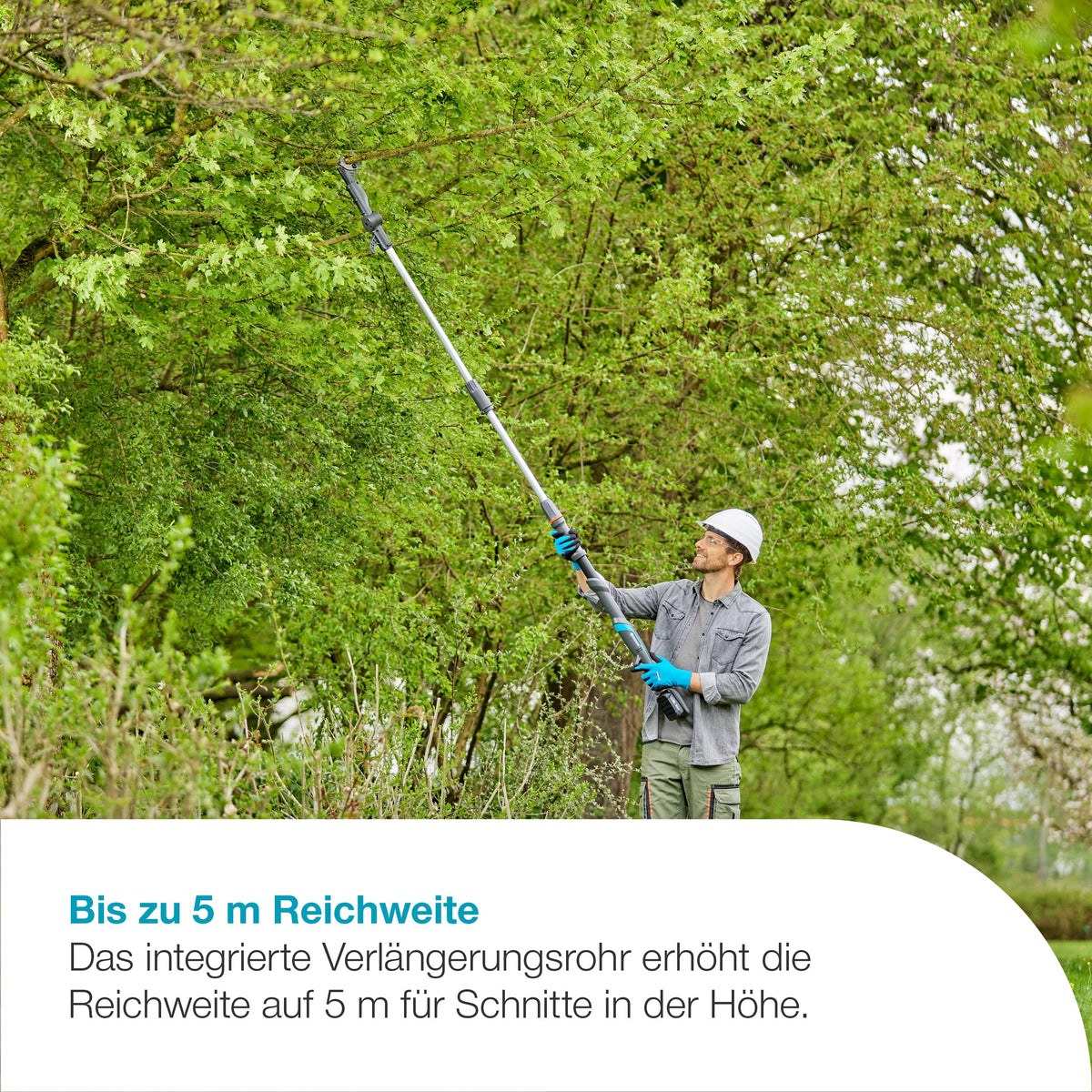 Gardena Akku-Teleskop-Baumschere HighCut 360/18V P4A Ready-to-Use Set: Bis zu 5 m Reichweite, Schwenkbarer Schneidkopf, Ergonomisch, LED-Anzeige, Kabellos (14776-20)