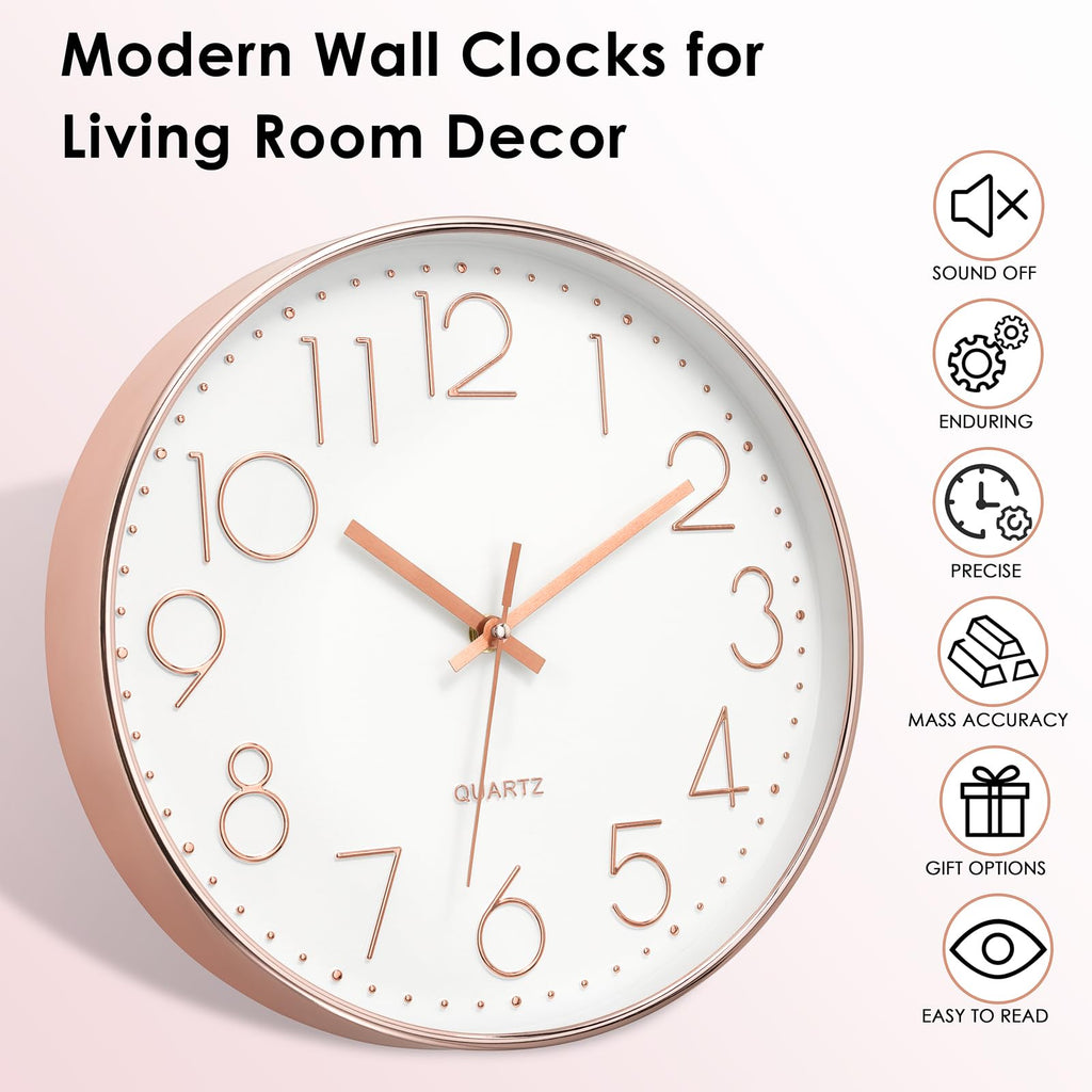 Foxtop Wanduhr Modern Ohne Tickgeräusche Lautlos Rund Leise Quarz Uhr ohne Ticken für Wohnzimmer küche Büro Heim Schule Cafe Restaurant (Roségold, 30 cm)