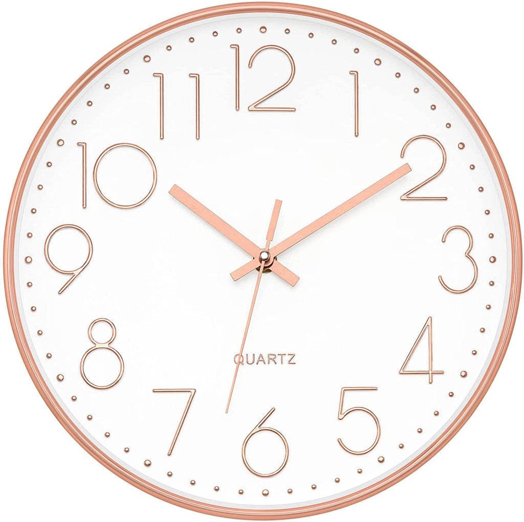 Foxtop Wanduhr Modern Ohne Tickgeräusche Lautlos Rund Leise Quarz Uhr ohne Ticken für Wohnzimmer küche Büro Heim Schule Cafe Restaurant (Roségold, 30 cm)