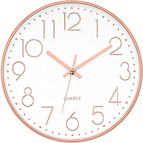 Foxtop Wanduhr Modern Ohne Tickgeräusche Lautlos Rund Leise Quarz Uhr ohne Ticken für Wohnzimmer küche Büro Heim Schule Cafe Restaurant (Roségold, 30 cm)