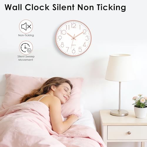 Foxtop Wanduhr Modern Ohne Tickgeräusche Lautlos Rund Leise Quarz Uhr ohne Ticken für Wohnzimmer küche Büro Heim Schule Cafe Restaurant (Roségold, 30 cm)