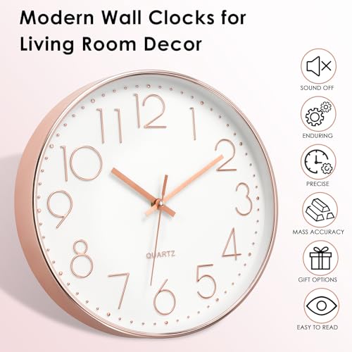 Foxtop Wanduhr Modern Ohne Tickgeräusche Lautlos Rund Leise Quarz Uhr ohne Ticken für Wohnzimmer küche Büro Heim Schule Cafe Restaurant (Roségold, 30 cm)