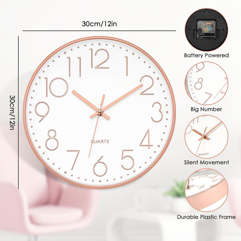 Foxtop Wanduhr Modern Ohne Tickgeräusche Lautlos Rund Leise Quarz Uhr ohne Ticken für Wohnzimmer küche Büro Heim Schule Cafe Restaurant (Roségold, 30 cm)