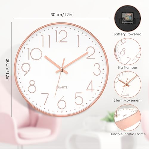 Foxtop Wanduhr Modern Ohne Tickgeräusche Lautlos Rund Leise Quarz Uhr ohne Ticken für Wohnzimmer küche Büro Heim Schule Cafe Restaurant (Roségold, 30 cm)