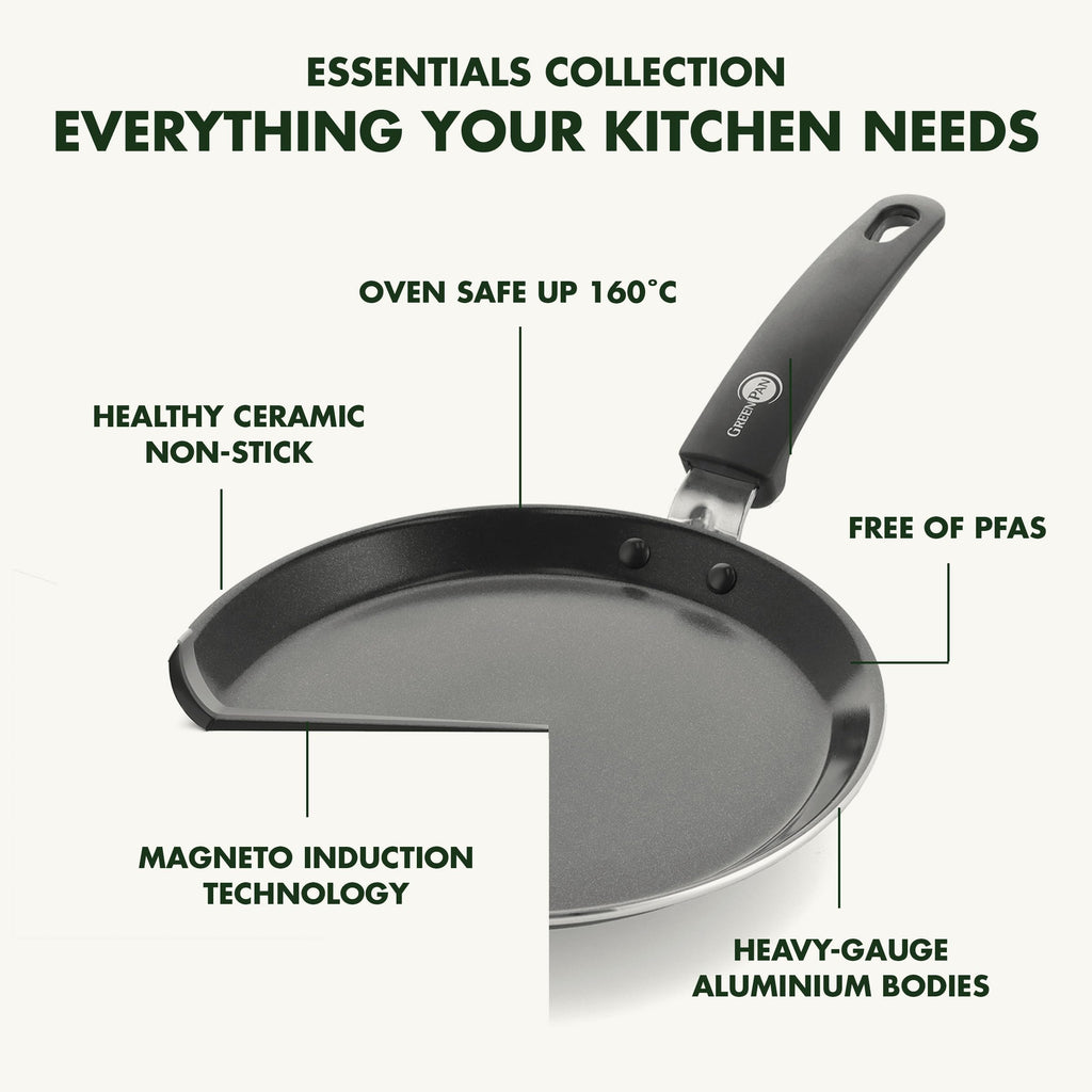 GreenPan Essentials Gesunde Keramische Antihaft-Pfannkuchenpfanne 24 cm, PFAS-frei, Induktion, Backofen- und Bratensicherheit bis 160°C, Spülmaschinenfest, Schwarz