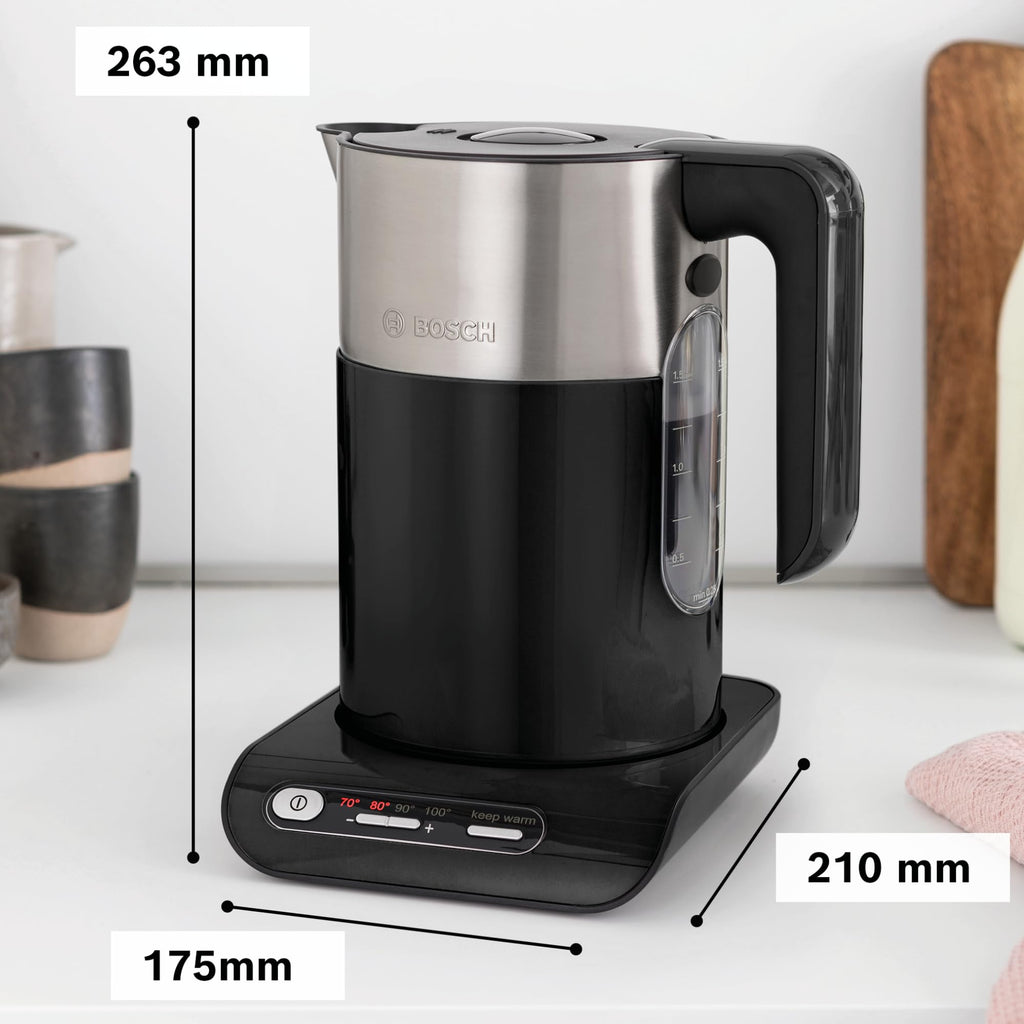 Bosch kabelloser Wasserkocher TWK8613P, Abschaltautomatik, Überhitzungsschutz, Temperaturwahl, Warmhaltefunktion, 1,5 L, 2400 W, schwarz