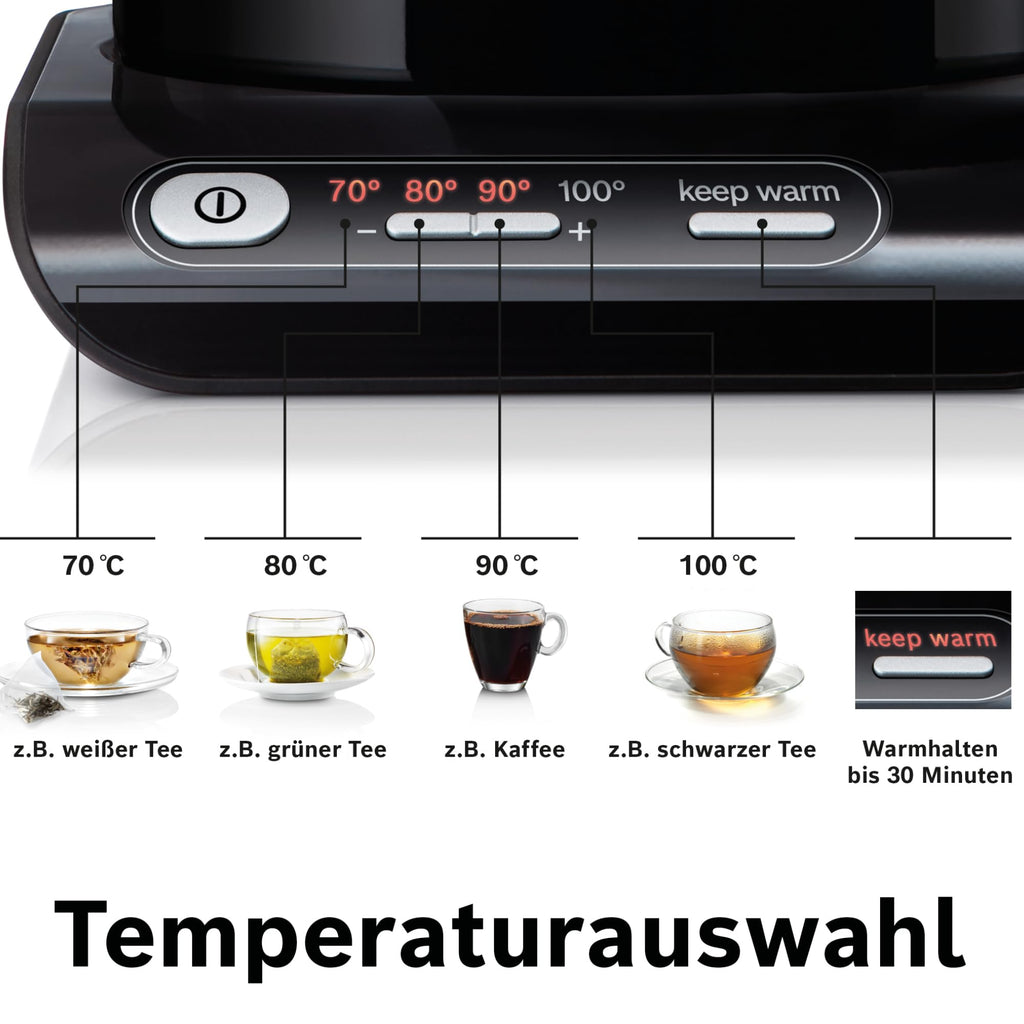 Bosch kabelloser Wasserkocher TWK8613P, Abschaltautomatik, Überhitzungsschutz, Temperaturwahl, Warmhaltefunktion, 1,5 L, 2400 W, schwarz