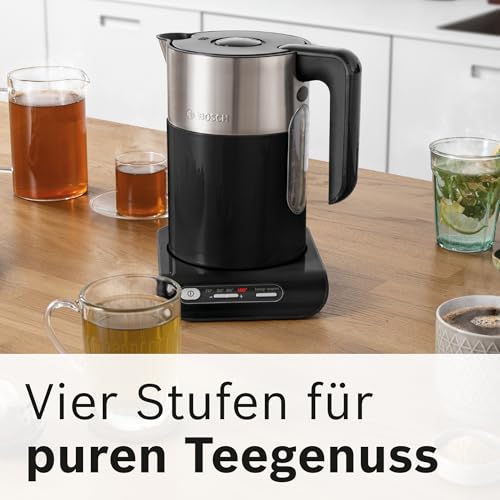Bosch kabelloser Wasserkocher TWK8613P, Abschaltautomatik, Überhitzungsschutz, Temperaturwahl, Warmhaltefunktion, 1,5 L, 2400 W, schwarz