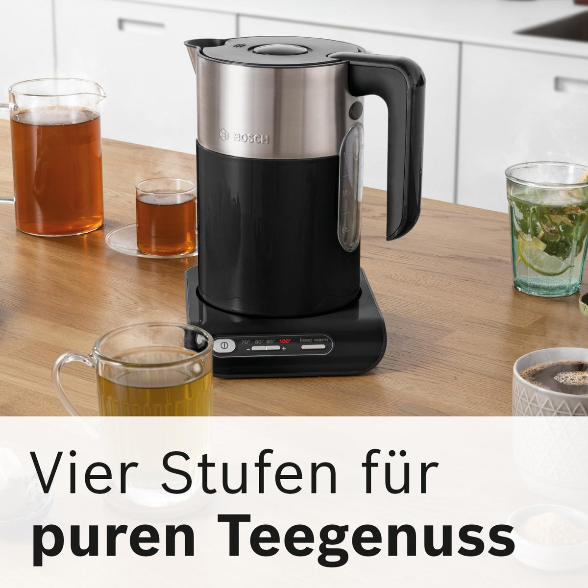 Bosch kabelloser Wasserkocher TWK8613P, Abschaltautomatik, Überhitzungsschutz, Temperaturwahl, Warmhaltefunktion, 1,5 L, 2400 W, schwarz