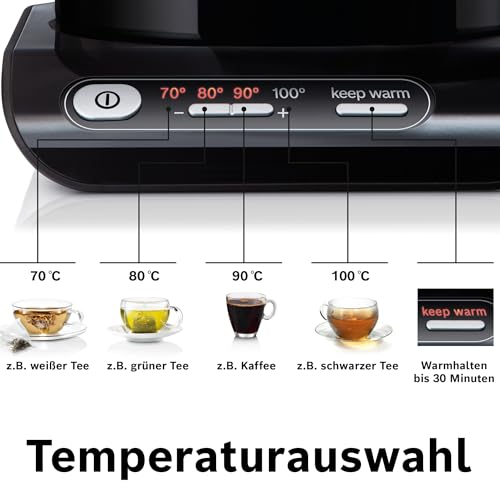 Bosch kabelloser Wasserkocher TWK8613P, Abschaltautomatik, Überhitzungsschutz, Temperaturwahl, Warmhaltefunktion, 1,5 L, 2400 W, schwarz