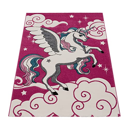Paco Home Kinderzimmer Teppich für Kinder Das Kleine Einhorn Pink Creme Türkis, Grösse:80x150 cm