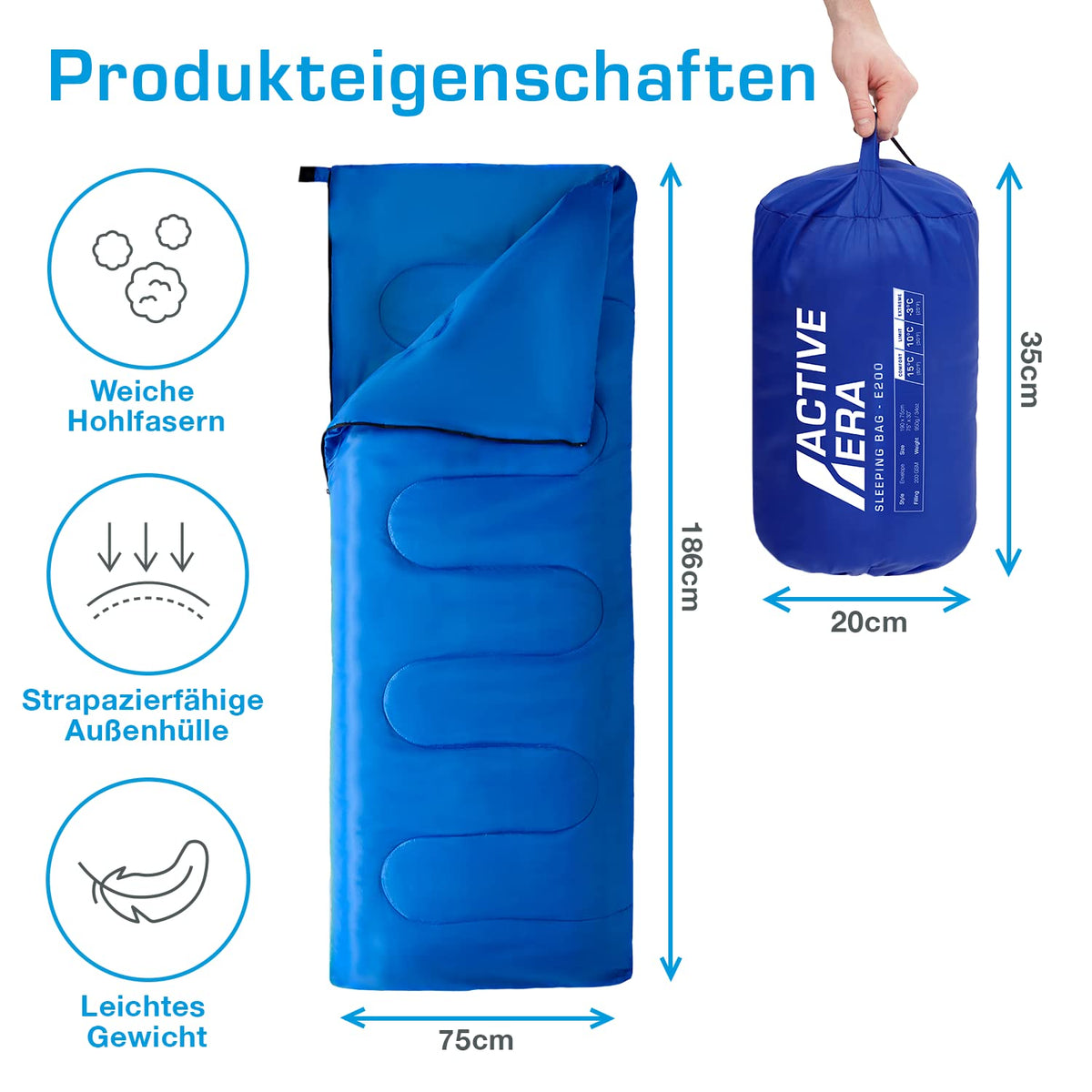 Active Era Deckenschlafsack - Sleeping Bag, -3°C bis 15°C Sommer, Frühling, Herbst - Leichter Schlafsack Outdoor und Indoor