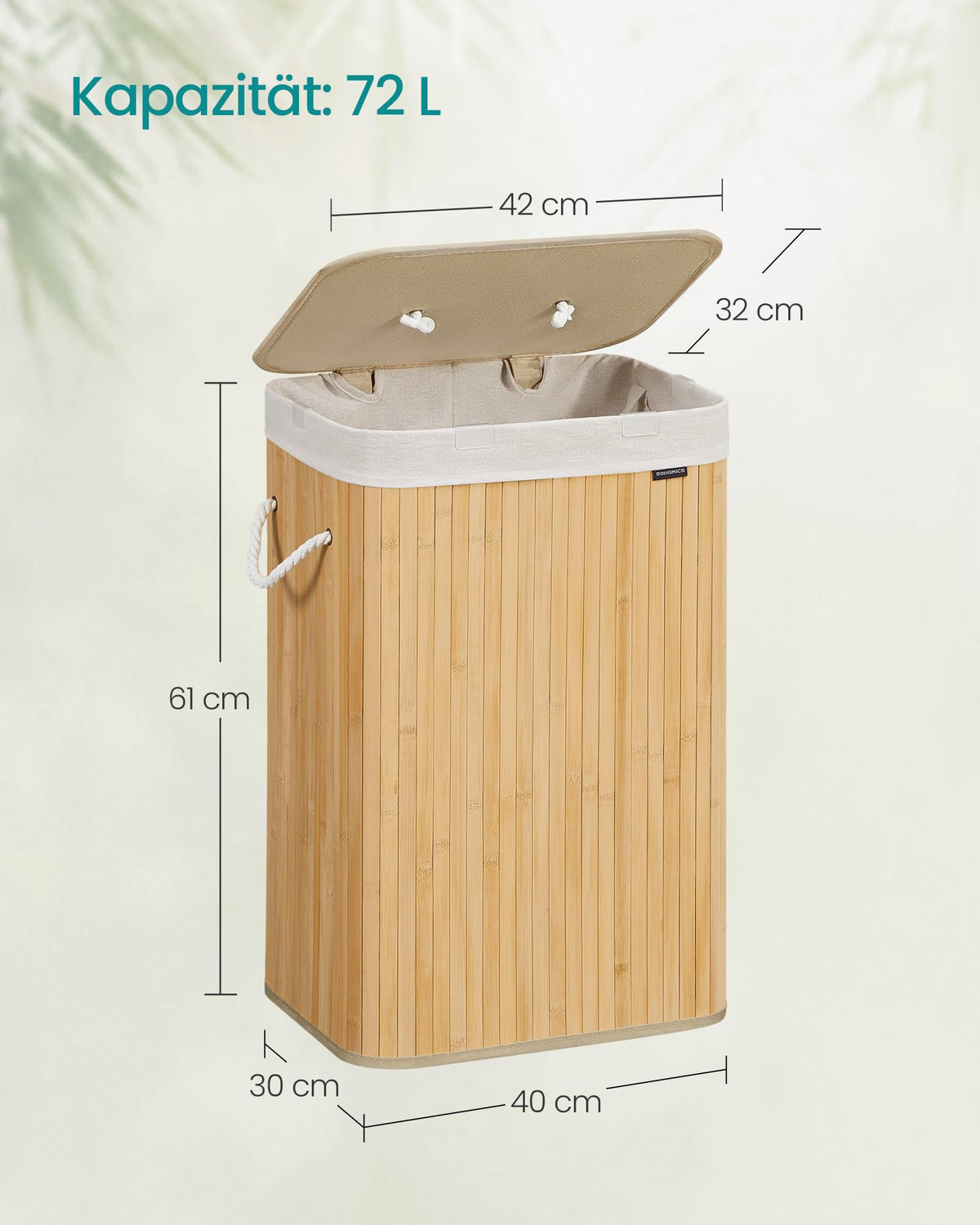 SONGMICS Wäschekorb mit Deckel, 72 Liter, Wäschesammler aus Bambus, faltbar, Wäschesack herausnehmbar und maschinenwaschbar, mit Griffen, für Waschküche, Schlafzimmer, naturfarben LCB10Y