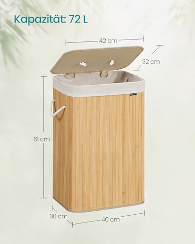 SONGMICS Wäschekorb mit Deckel, 72 Liter, Wäschesammler aus Bambus, faltbar, Wäschesack herausnehmbar und maschinenwaschbar, mit Griffen, für Waschküche, Schlafzimmer, naturfarben LCB10Y