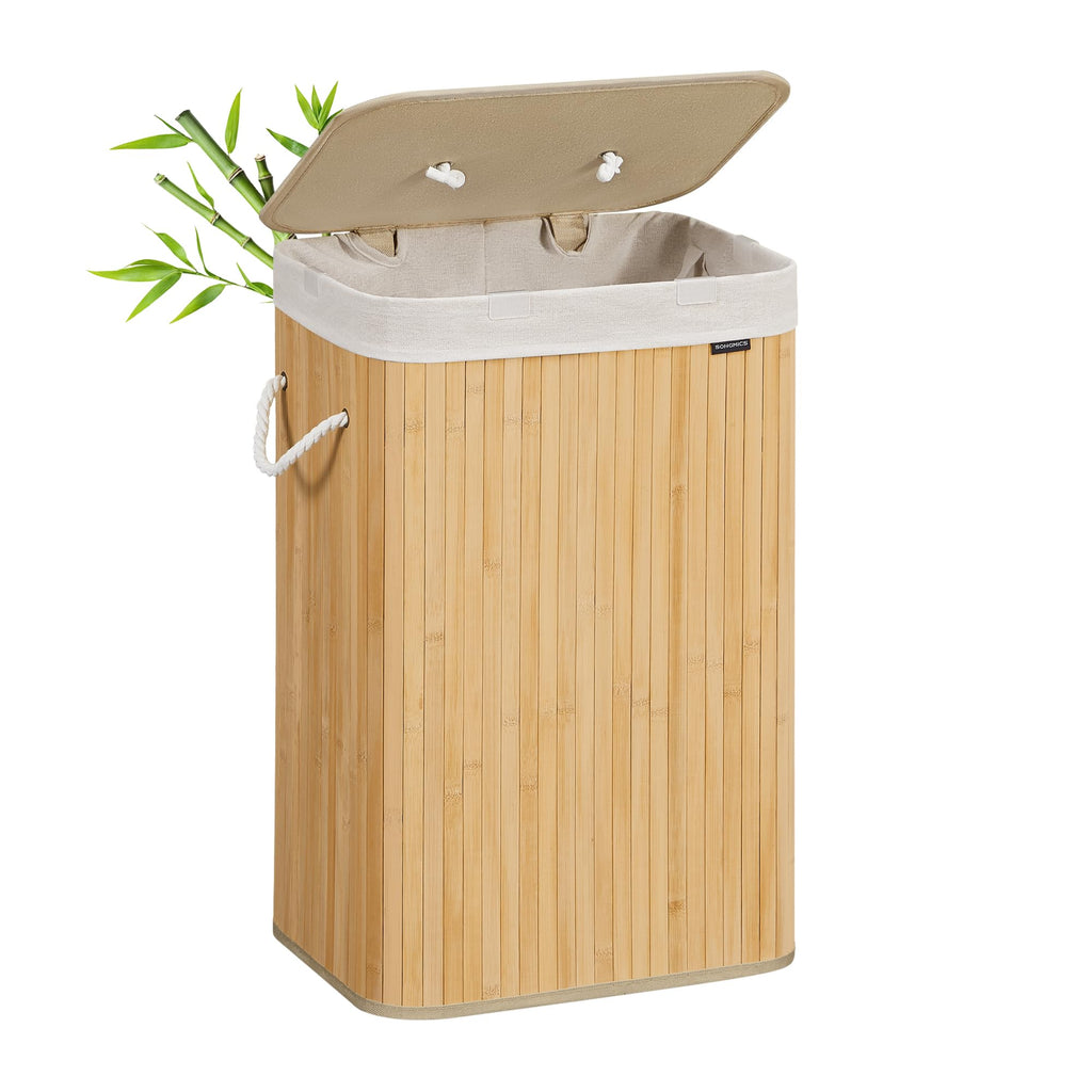 SONGMICS Wäschekorb mit Deckel, 72 Liter, Wäschesammler aus Bambus, faltbar, Wäschesack herausnehmbar und maschinenwaschbar, mit Griffen, für Waschküche, Schlafzimmer, naturfarben LCB10Y