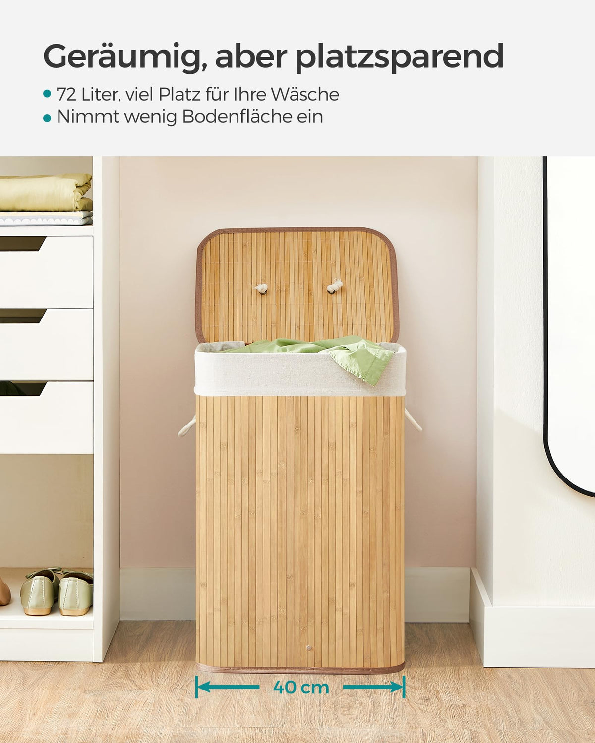 SONGMICS Wäschekorb mit Deckel, 72 Liter, Wäschesammler aus Bambus, faltbar, Wäschesack herausnehmbar und maschinenwaschbar, mit Griffen, für Waschküche, Schlafzimmer, naturfarben LCB10Y