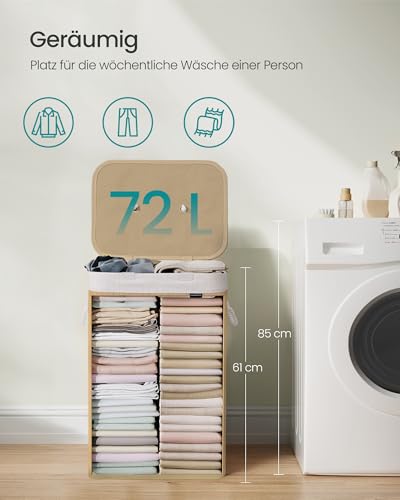 SONGMICS Wäschekorb mit Deckel, 72 Liter, Wäschesammler aus Bambus, faltbar, Wäschesack herausnehmbar und maschinenwaschbar, mit Griffen, für Waschküche, Schlafzimmer, naturfarben LCB10Y