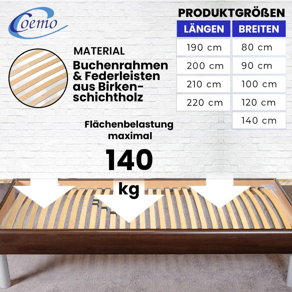 Coemo Stabiler 7-Zonen Lattenrost Basic, 140x200 cm, Lattenrahmen starr