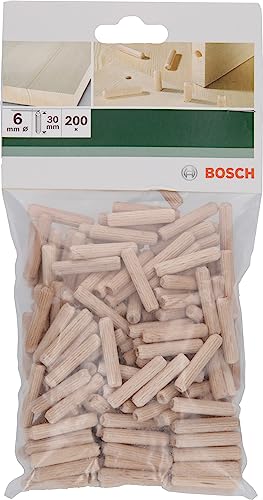 Bosch Accessories 200x Holzdübel (für alle Holzrunddübelverbindungen, Ø 6 x 30 mm, Zubehör Bohrmaschine)