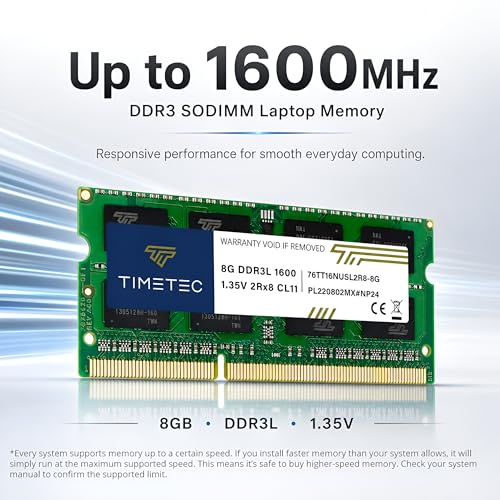 Timetec 8GB DDR3L-1600MHz PC3L-12800 / PC3-12800 (PC3L-12800S) Nicht-ECC ungepuffert 1,35 V/1,5 V CL11 2Rx8 Dual Rank 204 Pin SODIMM Laptop Notebook PC Computer Speicher RAM Modul Upgrade