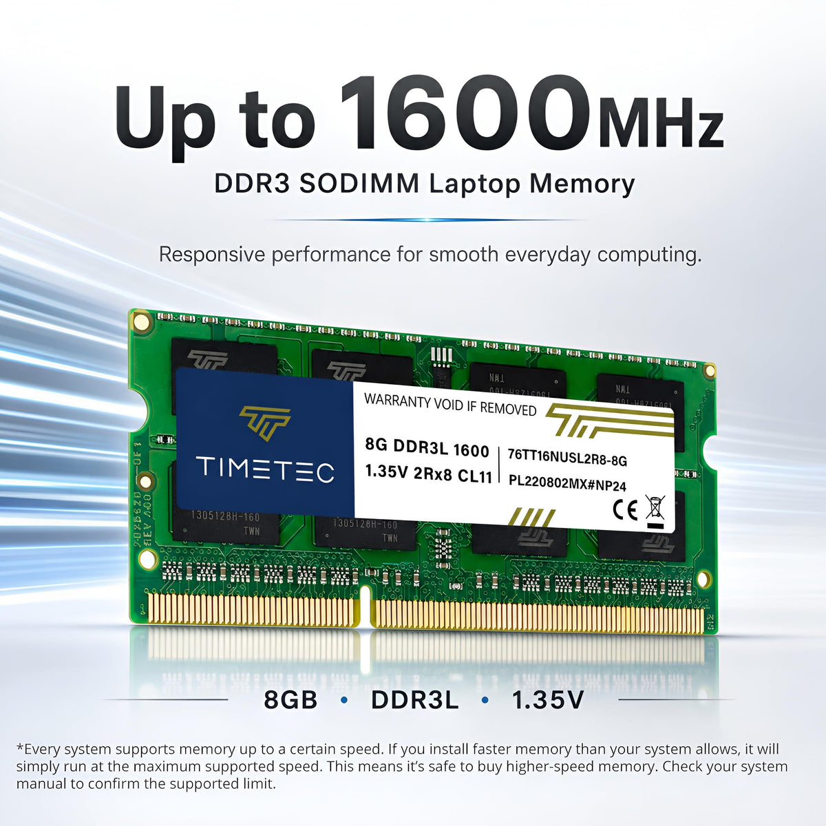 Timetec 8GB DDR3L-1600MHz PC3L-12800 / PC3-12800 (PC3L-12800S) Nicht-ECC ungepuffert 1,35 V/1,5 V CL11 2Rx8 Dual Rank 204 Pin SODIMM Laptop Notebook PC Computer Speicher RAM Modul Upgrade