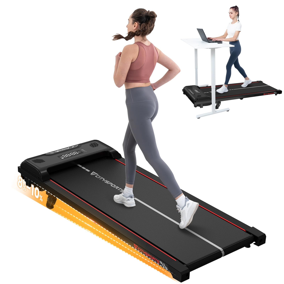 CITYSPORTS Laufband mit Steigung 10%, Walking Pad 1-6 km/h, 110 kg