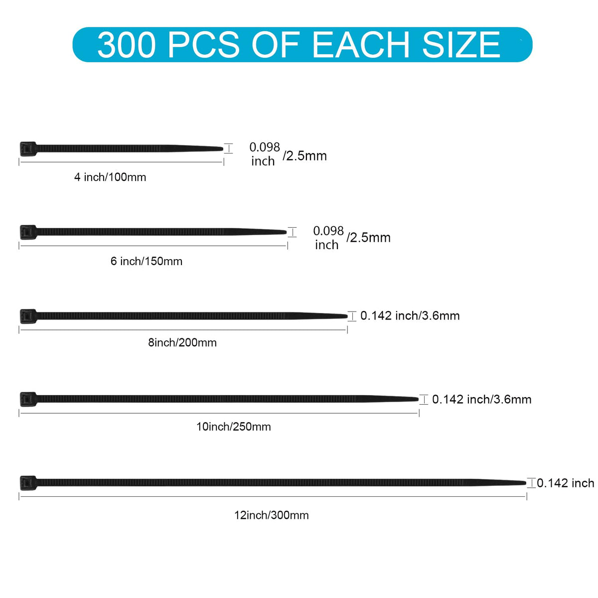 XINGO 1500 Stück Kabelbinder Schwarz Set, 100/150/200/300 mm(je 300 Stück), UV Beständig Nylon Verschiedene Größen Super Haltbar Selbsthemmend Kabelbinder für Zuhause, Büro, Garten und Werkstatt