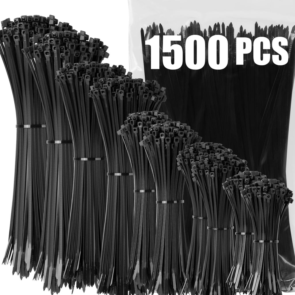XINGO 1500 Stück Kabelbinder Schwarz Set, 100/150/200/300 mm(je 300 Stück), UV Beständig Nylon Verschiedene Größen Super Haltbar Selbsthemmend Kabelbinder für Zuhause, Büro, Garten und Werkstatt