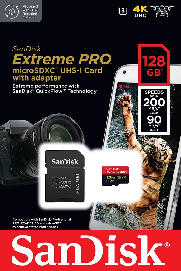 SanDisk Extreme PRO microSDXC UHS-I Speicherkarte 128 GB + Adapter & RescuePRO Deluxe (Für Smartphones, Actionkameras oder Drohnen, A2, Class 10, V30, U3, 200 MB/s Übertragung)
