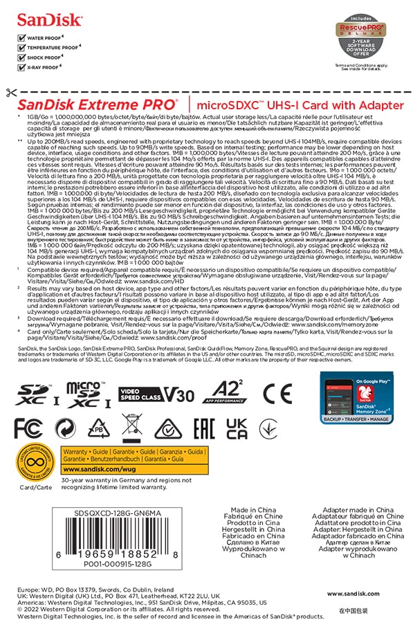 SanDisk Extreme PRO microSDXC UHS-I Speicherkarte 128 GB + Adapter & RescuePRO Deluxe (Für Smartphones, Actionkameras oder Drohnen, A2, Class 10, V30, U3, 200 MB/s Übertragung)