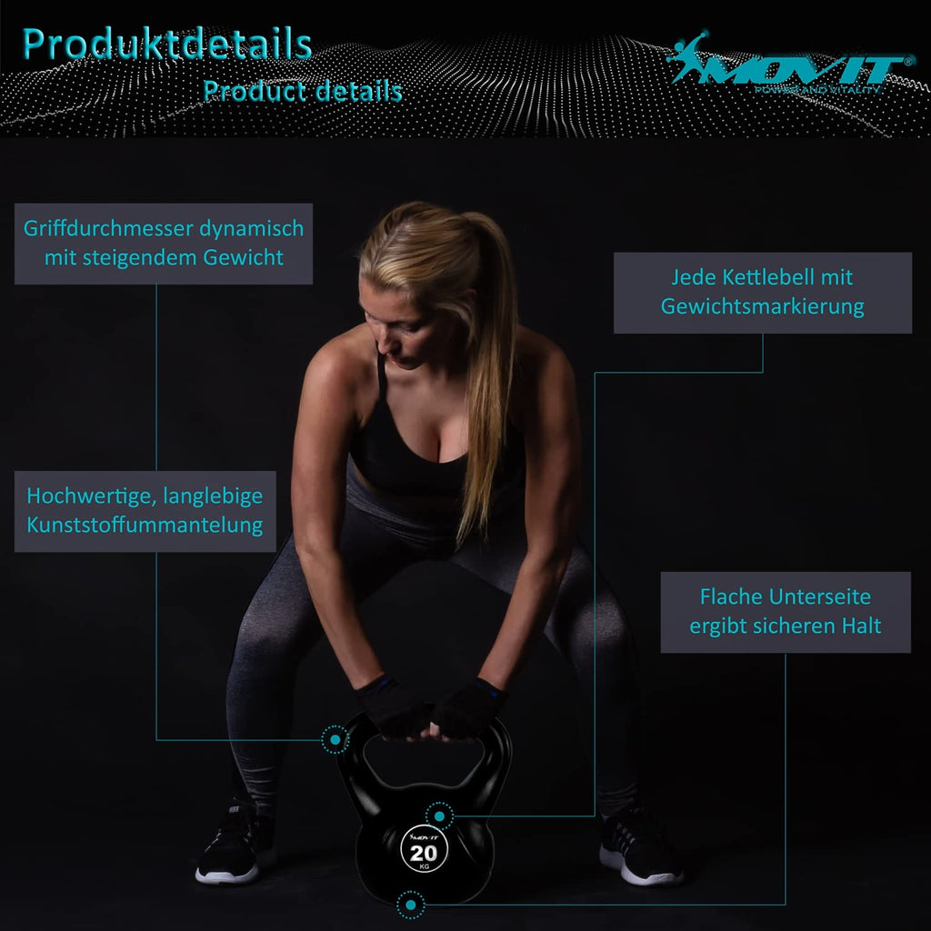 MOVIT® Kettlebell 1–20 kg, Kugelhantel mit bodenschonender Kunststoffhülle