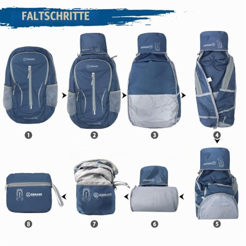 ZOMAKE 25L Faltbarer Rucksack Ultraleicht – Rucksack Damen Klein, Wanderrucksack Herren, Leichter Tagesrucksack & Trekkingrucksack, Wasserabweisend für Reisen, Camping und Outdoor (Marineblau)