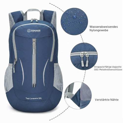 ZOMAKE 25L Faltbarer Rucksack Ultraleicht – Rucksack Damen Klein, Wanderrucksack Herren, Leichter Tagesrucksack & Trekkingrucksack, Wasserabweisend für Reisen, Camping und Outdoor (Marineblau)