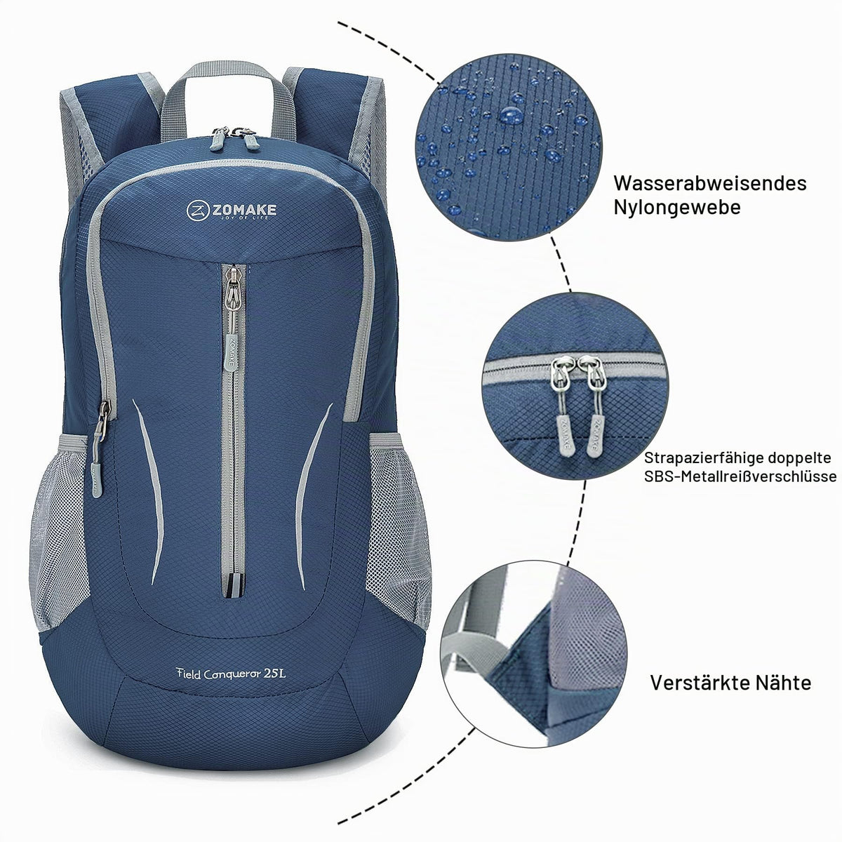ZOMAKE 25L Faltbarer Rucksack Ultraleicht – Rucksack Damen Klein, Wanderrucksack Herren, Leichter Tagesrucksack & Trekkingrucksack, Wasserabweisend für Reisen, Camping und Outdoor (Marineblau)