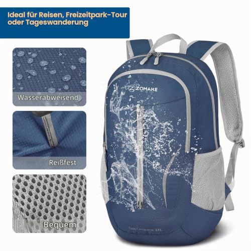 ZOMAKE 25L Faltbarer Rucksack Ultraleicht – Rucksack Damen Klein, Wanderrucksack Herren, Leichter Tagesrucksack & Trekkingrucksack, Wasserabweisend für Reisen, Camping und Outdoor (Marineblau)