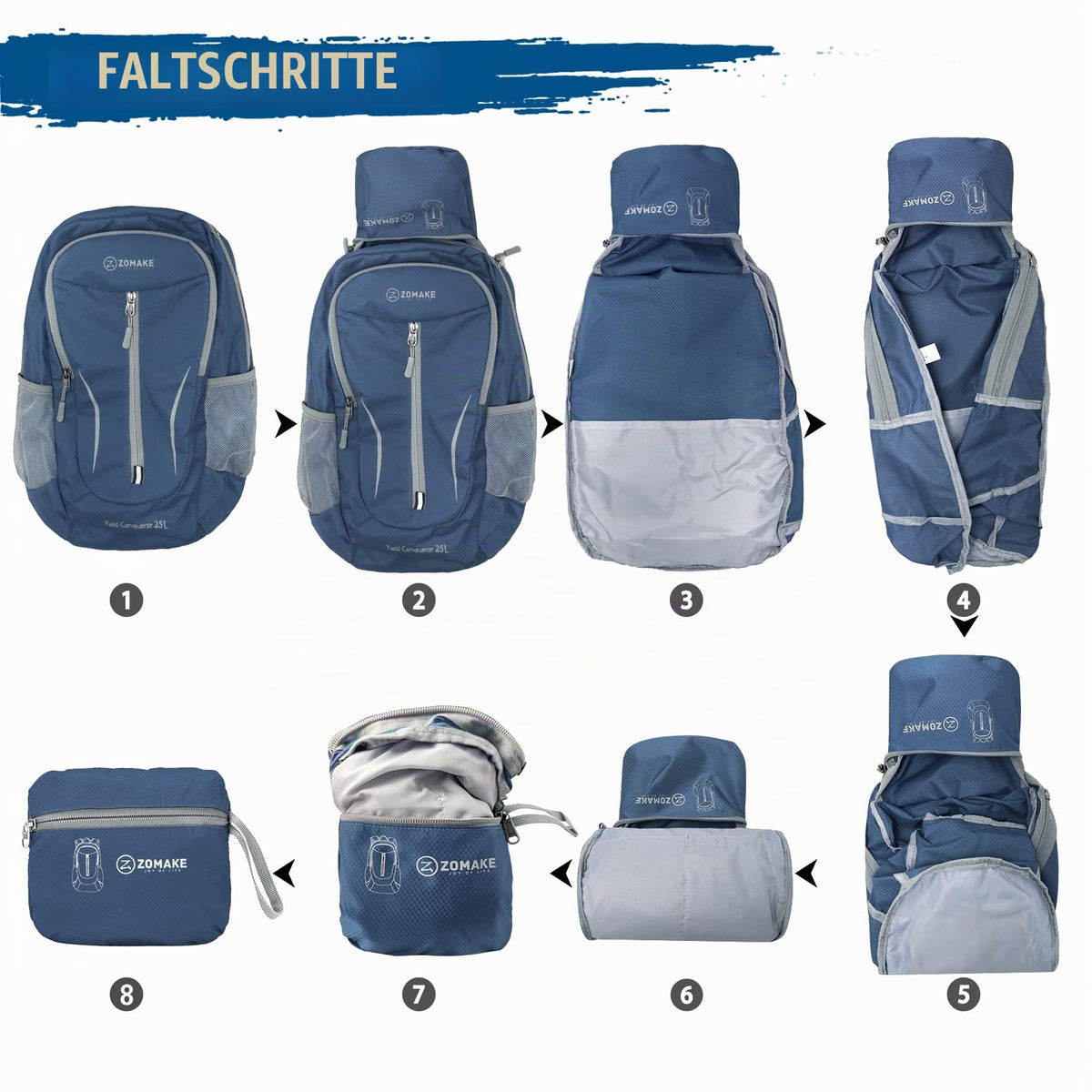 ZOMAKE 25L Faltbarer Rucksack Ultraleicht – Rucksack Damen Klein, Wanderrucksack Herren, Leichter Tagesrucksack & Trekkingrucksack, Wasserabweisend für Reisen, Camping und Outdoor (Marineblau)