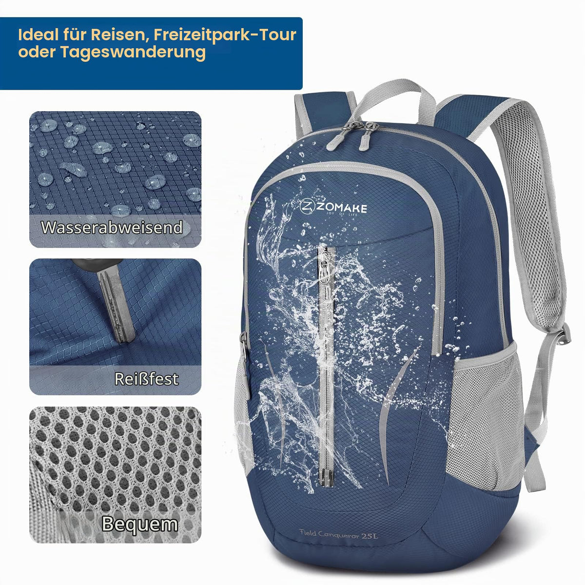 ZOMAKE 25L Faltbarer Rucksack Ultraleicht – Rucksack Damen Klein, Wanderrucksack Herren, Leichter Tagesrucksack & Trekkingrucksack, Wasserabweisend für Reisen, Camping und Outdoor (Marineblau)